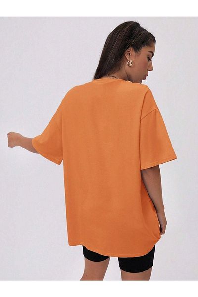 DUBU BUTİK Orange Alphabet Printed Oversize T-Shirt - Crew Neck, Short Sleeve