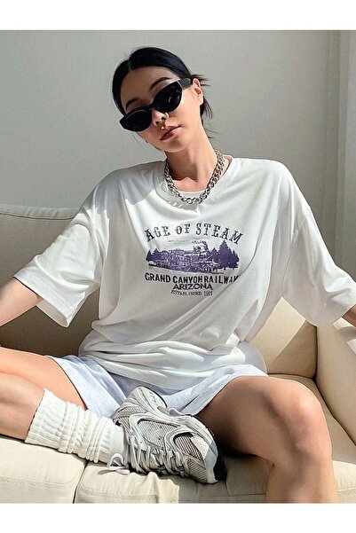 DUBU BUTİK Λευκό Oversize T-shirt Age Of Stream - Oversize Printed