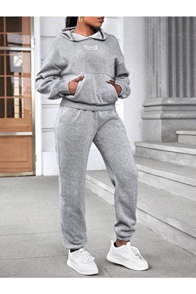 Marco Fresco Butterfly Tracksuit Set - Gray Printed Oversized Fleece-Lined Hooded