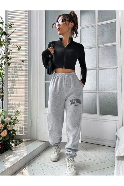 DUBU BUTİK Καλιφόρνια West Coast Sweatpants Jogger - Γκρι εμπριμέ λαστιχένιο πόδι ψηλόμεσο