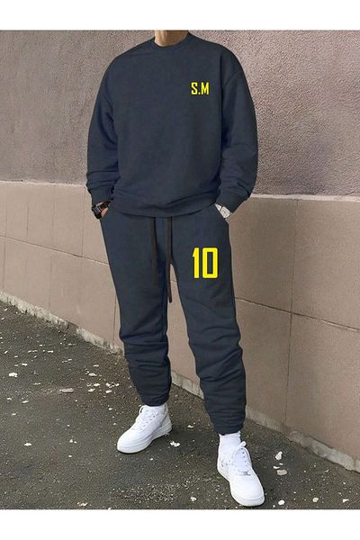 VBSVİBES 10 Printed Navy Blue Tracksuit Set - Crew Neck Bae