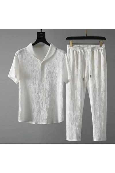 EXPECTED Wrapped Crinkle Fabric Summer Lycra Unisex Women Men Short Sleeve T-Shirt Sweatpants Set