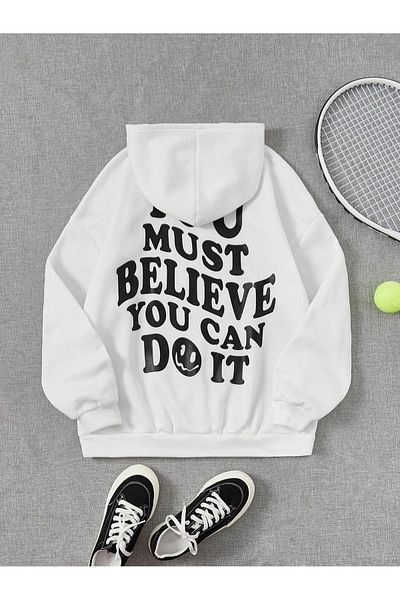 DUBU BUTİK You Must Believe Sweatshirt - White Printed Oversize Hoodie