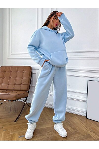 DUBU BUTİK Σετ φόρμας Mood Φούτερ Jogger - Baby Blue Printed Oversize Raster Hooded