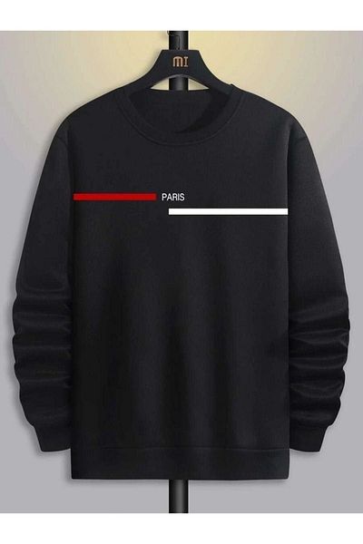 DUBU BUTİK Paris Striped Sweatshirt - Black Printed Oversize Crew Neck