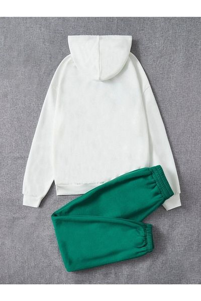 DUBU BUTİK 1898 Brooklyn Tracksuit Set White Sweatshirt Green Jogger - Printed Oversize Ribbon Hoodie