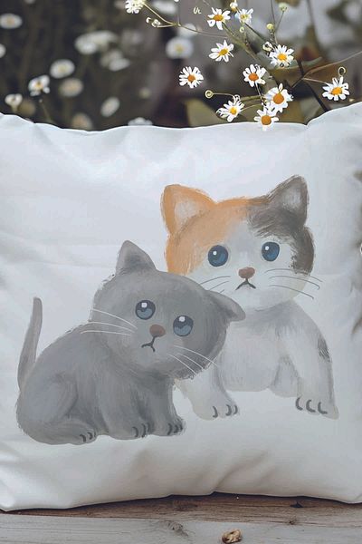 qoeuyl boutique Cute Cat Friends Printed Gift Fiber Satin Decorative Pillow
