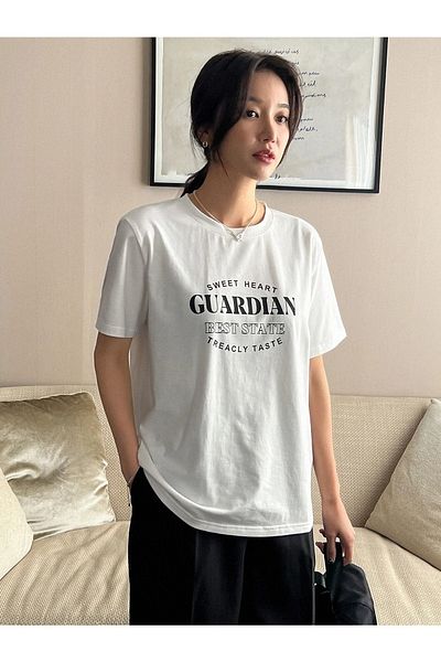 DUBU BUTİK Guardian T-Shirt - White Printed Oversize Crew Neck Short Sleeve