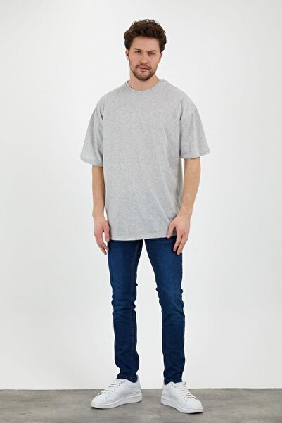 DUBU BUTİK Plain Basic T-shirt - Gray Oversize Crew Neck Short Sleeve T-Shirt