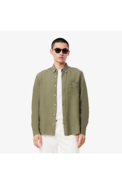 Lacoste Erkek Regular Fit Düğmeli Yaka Keten Haki Gömlek