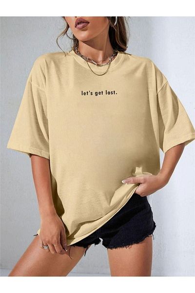 DUBU BUTİK Let's Get Lost T-Shirt - Μπεζ εμπριμέ κοντό μανίκι με λαιμόκοψη