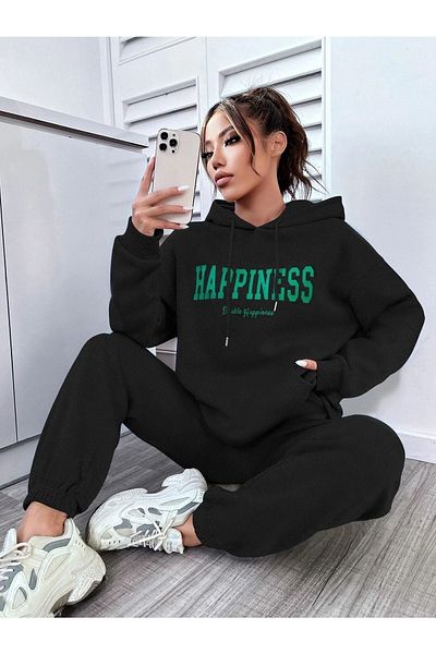 DUBU BUTİK Μαύρη γυναικεία αθλητική φόρμα Happıness - Printed Oversize