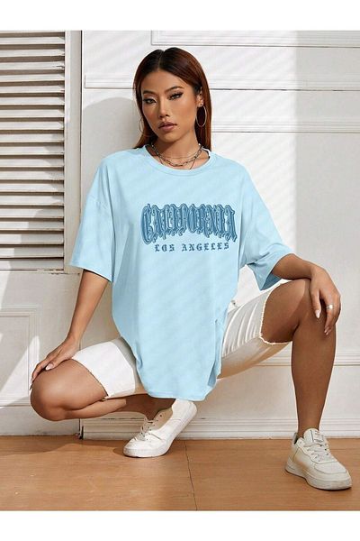 DUBU BUTİK Μπλουζάκι California Letter - Baby Blue Printed Oversize Crew Neck T-shirt με κοντό μανίκι