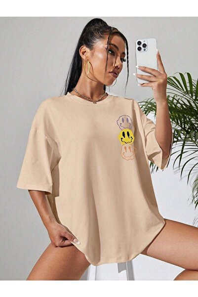 DUBU BUTİK Emoji T-Shirt - Μπεζ εμπριμέ κοντό μανίκι με λαιμόκοψη