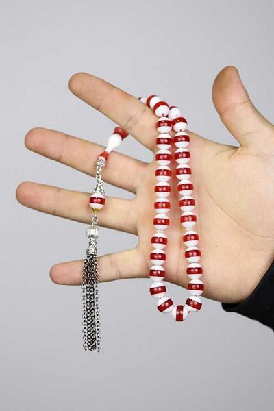 Midyat Gümüş Dünyası Red White Globe Cut Powder Amber Prayer Beads