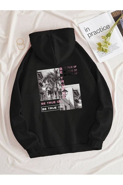 DUBU BUTİK Be True Of Sweatshirt - Black Printed Oversize Hoodie