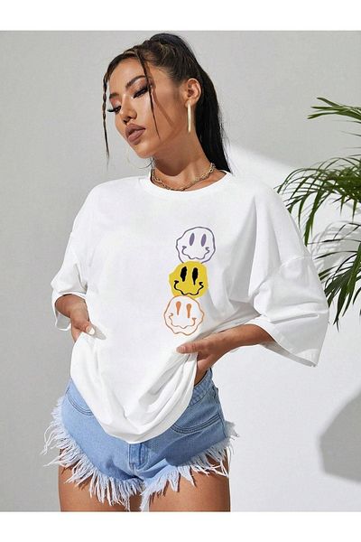 DUBU BUTİK Emoji T-Shirt - White Printed Oversize Crew Neck Short Sleeve