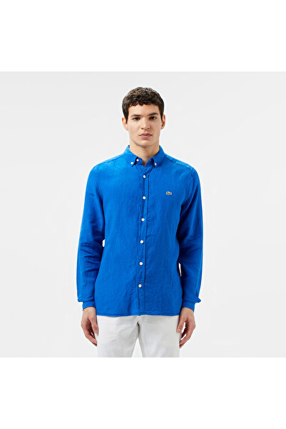 Lacoste Erkek Regular Fit Düğmeli Yaka Keten Mavi Gömlek