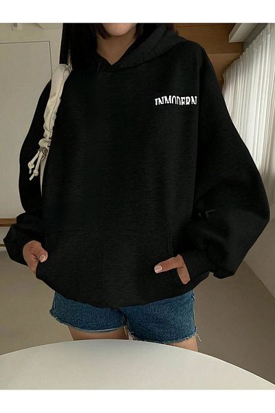 CLAYES Μαύρο φούτερ με μοντέρνα στάμπα Unisex Oversize με κουκούλα