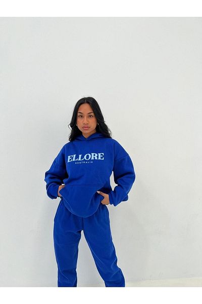 DUBU BUTİK Анцуг Ellore Sweatshirt Jogger - Sax Blue Printed Oversize Raised Hooded