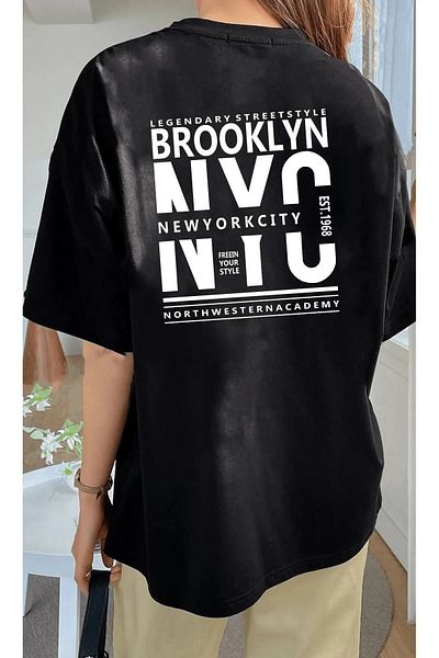 DUBU BUTİK Μπλουζάκι Unisex Μαύρο βαμβακερό Oversize Brooklyn Printed