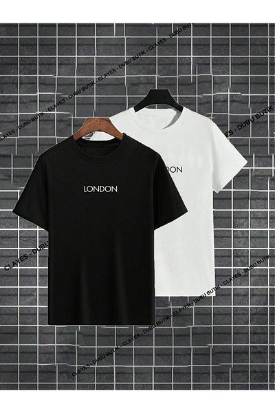 DUBU BUTİK London Printed 2-Piece T-Shirt - Black and White Oversize Crew Neck Short Sleeve