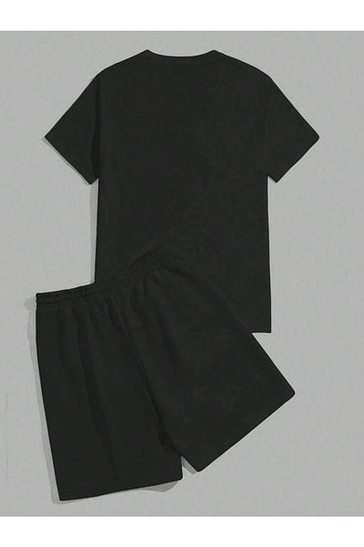 DUBU BUTİK Never Life T-shirt Shorts - Black Bottom Top Combination Shorts T-shirt Set Printed Oversize Crew Neck