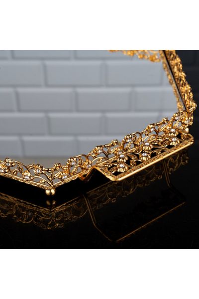 ZETT Diamond Hexagon Large Tray Mirrored Metal Handle Jardiner Gold