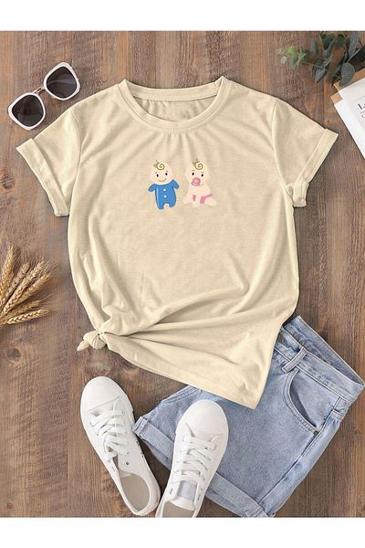 DUBU BUTİK Pregnant Gebe T-shirt Kids Printed - Mink Crew Neck Oversize T-Shirt