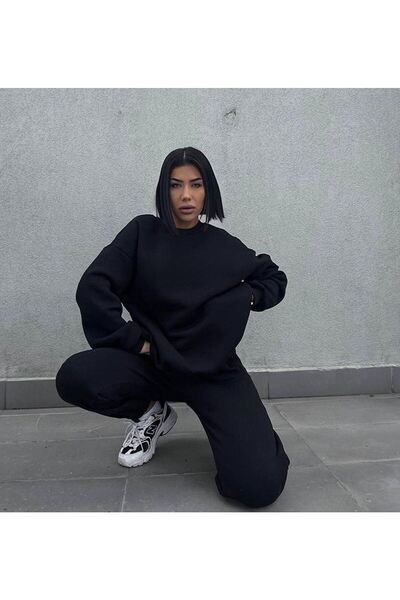 DUBU BUTİK Unprinted Tracksuit Set Sweatshirt Jogger - Black Oversize Raised Crew Neck