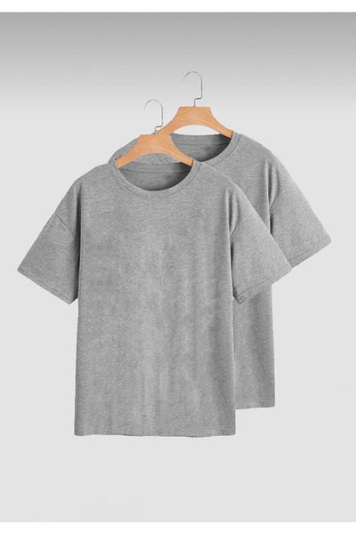 DUBU BUTİK Basic Plain 2-Piece Multi Combination T-shirt - Gray Oversize Crew Neck