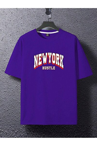 DUBU BUTİK Μπλουζάκι Newyork Hustle Single Jersey - Μωβ εμπριμέ κοντομάνικο μπλουζάκι με λαιμόκοψη