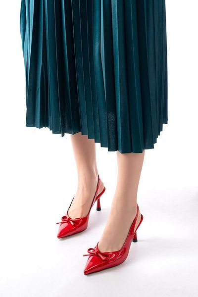 MarjinalTrendim İnf-4500 Red Patent Leather Daily Open Back Bow Heeled Shoes