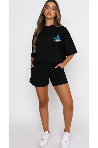 DUBU BUTİK Butterfly T-Shirt Shorts - Black Bottom Top Combination Shorts T-Shirt Set Printed Oversize Crew Neck