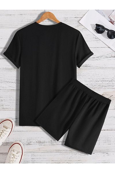 DUBU BUTİK Wings T-shirt Σορτς - Μαύρο κάτω επάνω συνδυασμένο σορτς T-shirt Σετ με στάμπα Oversize Crew Neck