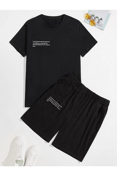 DUBU BUTİK Hope You T-shirt Shorts - Black Bottom Top Combination Shorts T-shirt Set Printed Oversize Crew Neck