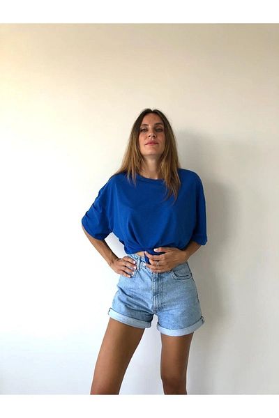 DUBU BUTİK Унисекс тениска Saks Blue Cotton Oversize - с кръгло деколте