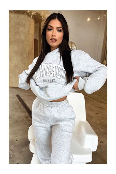 DUBU BUTİK Σετ φόρμας Chicago Sweatshirt Jogger - Γκρι εμπριμέ Oversize Raised Hooded