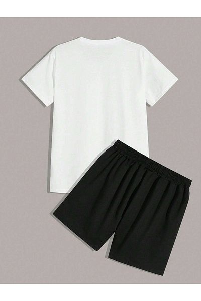 DUBU BUTİK 23 Count T-shirt Shorts - White Black Bottom Top Set Shorts T-shirt Combination Printed Crew Neck