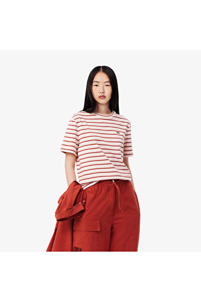 Lacoste Kadın Regular Fit Bisiklet Yaka Çizgili Bej T-shirt