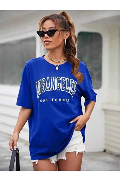 DUBU BUTİK Μπλουζάκι Los Angeles - Μπλουζάκι με κοντό μανίκι με μπλε στάμπα Saks