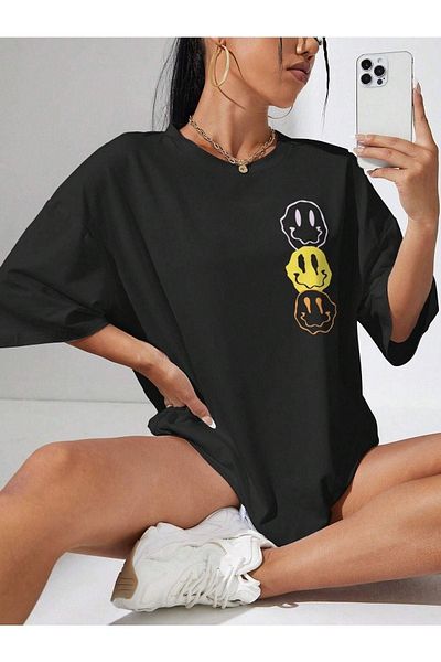 DUBU BUTİK Emoji T-Shirt - Μαύρο εμπριμέ κοντό μανίκι με λαιμόκοψη