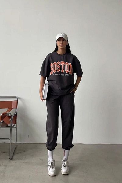 DUBU BUTİK Boston T-shirt Sweatpants Jogger - Smoked Printed Bottom Top Σετ φόρμας Oversize Crew Neck