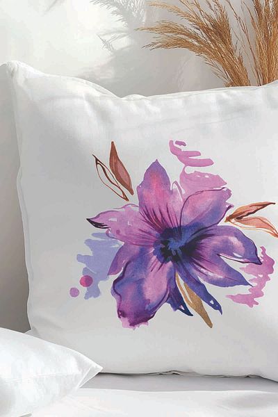 qoeuyl boutique Purple Flower Printed Gift Fiber Satin Decorative Pillow