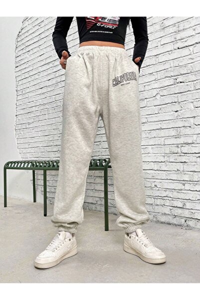 DUBU BUTİK West Coast Eşofman Altı Jogger - Gri Baskılı Lastik Paça Yüksek Bel