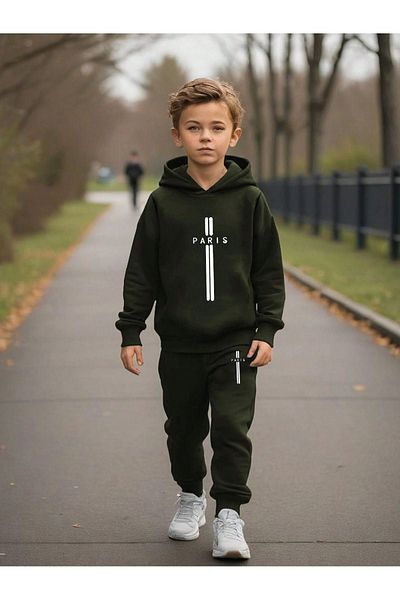 DUBU BUTİK Double Line Paris Printed Cotton Kids Hoodie Set - Black Jogger Printed Girls Boys