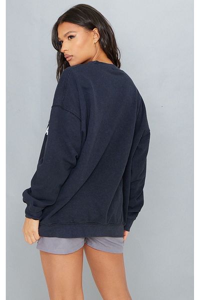 DUBU BUTİK Santa Monica Los Angeles Sweatshirt - Navy Blue Printed Oversize Crew Neck