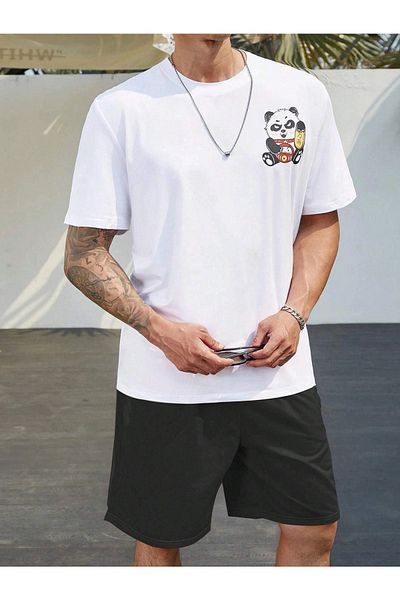DUBU BUTİK Panda Kung Fu T-shirt Shorts - White Black Bottom Top Team Shorts T-shirt Combo Printed Crew Neck