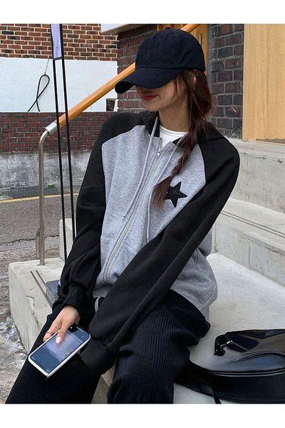 CLAYES Star Printed Γκρι και Μαύρη Oversize Ζακέτα Raglan Sleeve