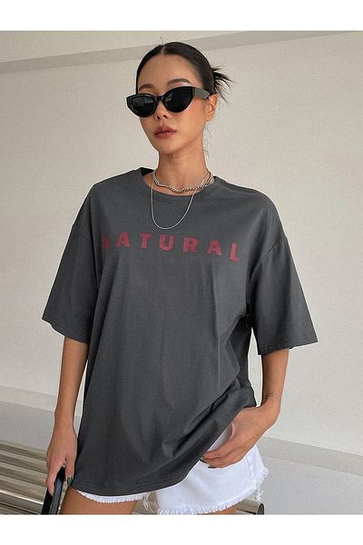 DUBU BUTİK Tricou Natural Oversize Afumat - Imprimat Oversize